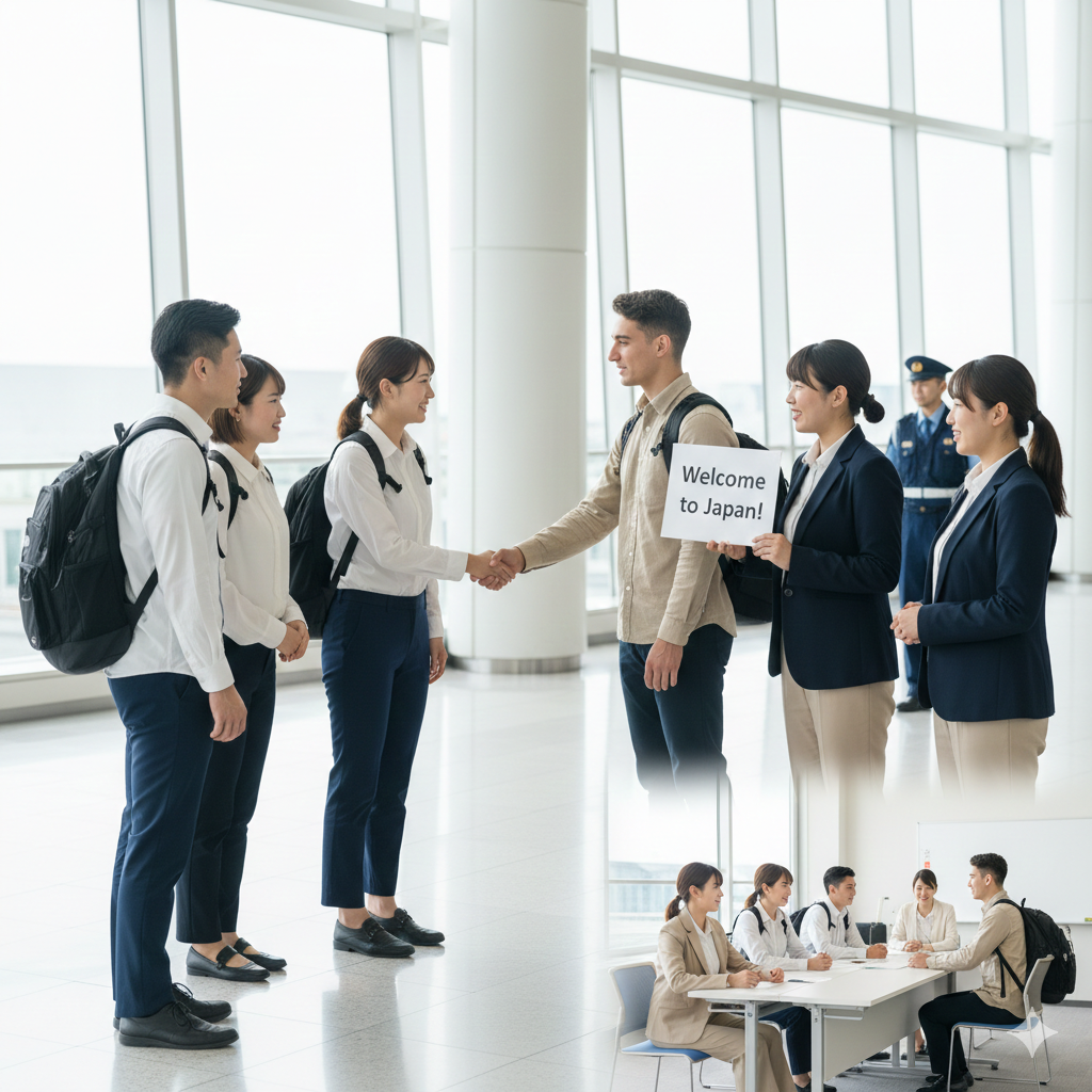入国する実習生を出迎えている風景